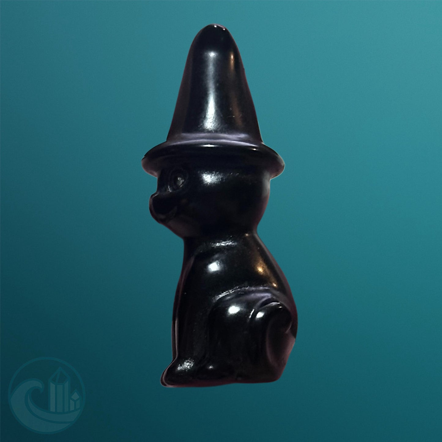 Mini Kitty Witch – Black Obsidian Cat with Witch Hat