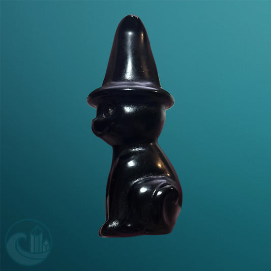 Mini Kitty Witch – Black Obsidian Cat with Witch Hat