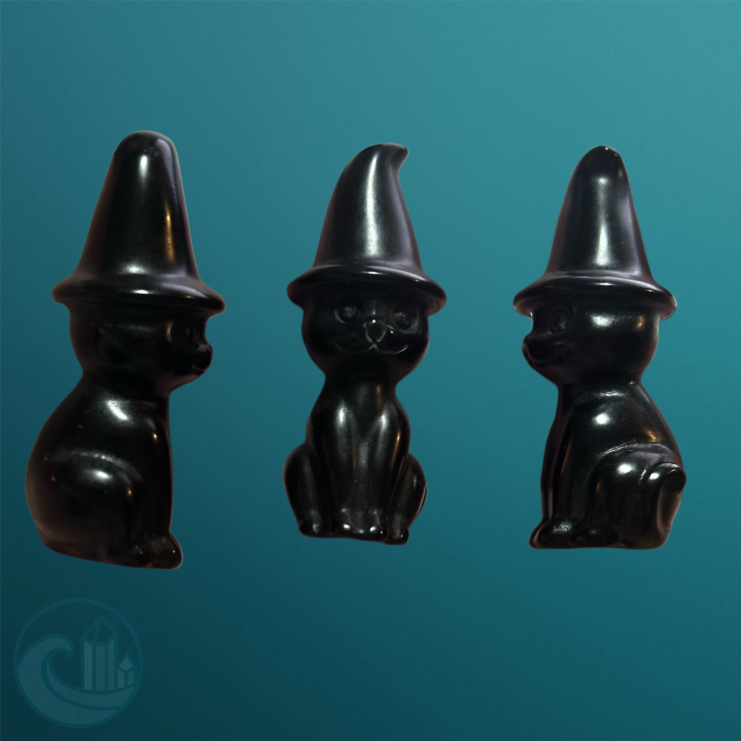 Mini Kitty Witch – Black Obsidian Cat with Witch Hat