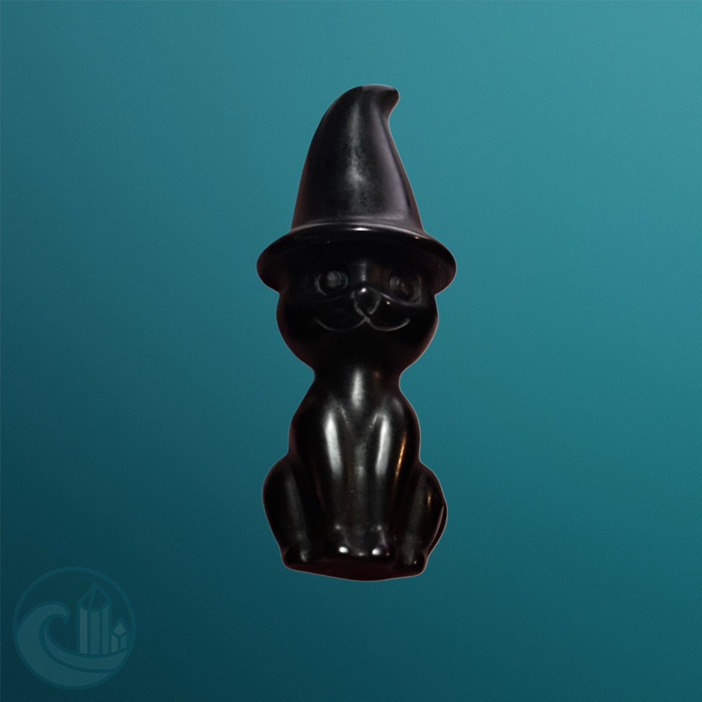 Mini Kitty Witch – Black Obsidian Cat with Witch Hat