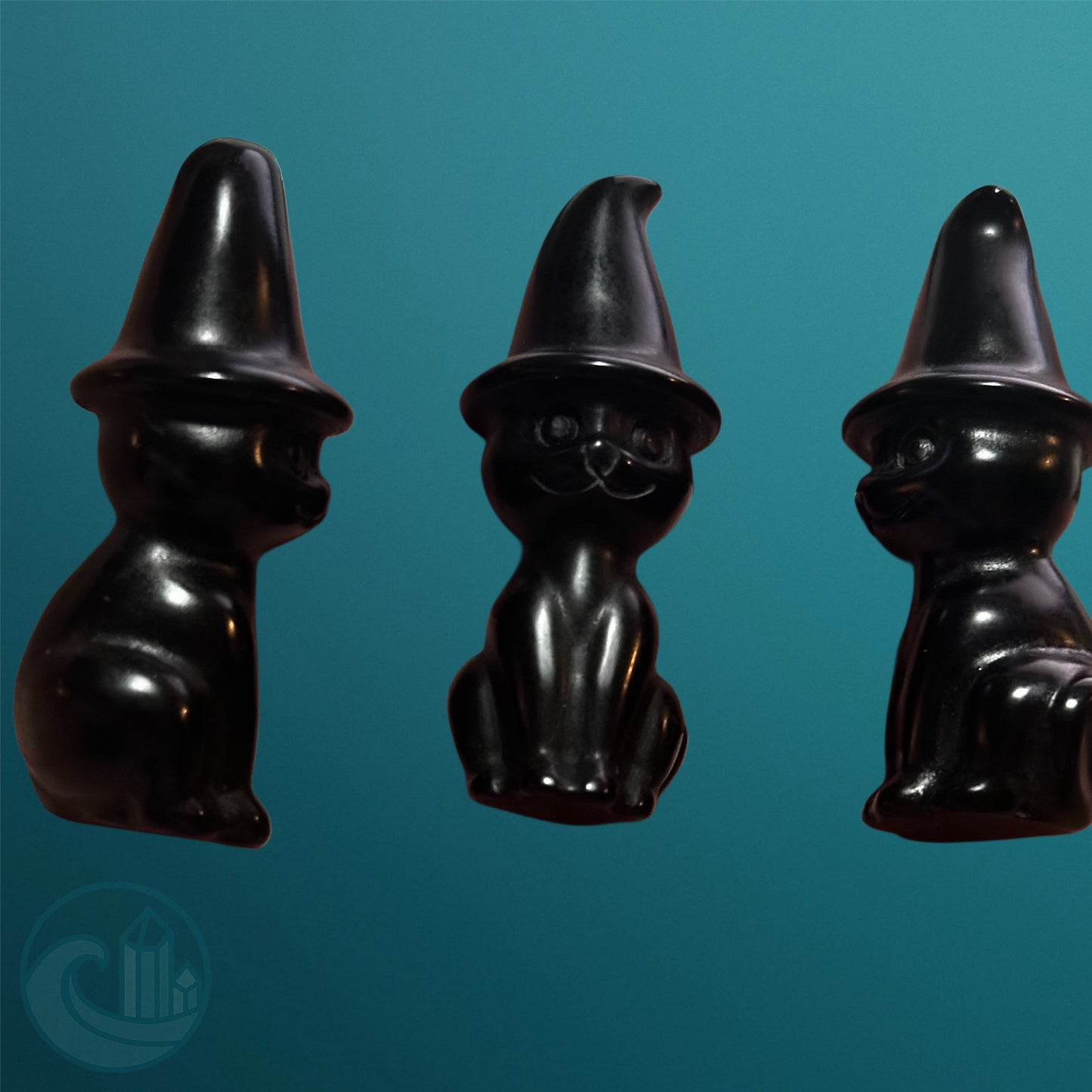 Mini Kitty Witch – Black Obsidian Cat with Witch Hat